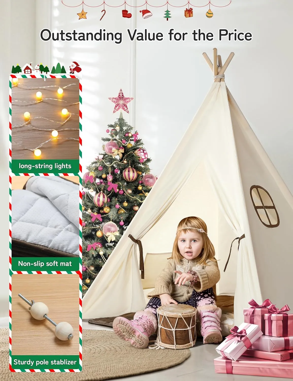 besrey Kids Tent, Teepee Play Tent with Lights and Padded Mat, Portable Cotton Tipi for Indoor Reading and Playtime