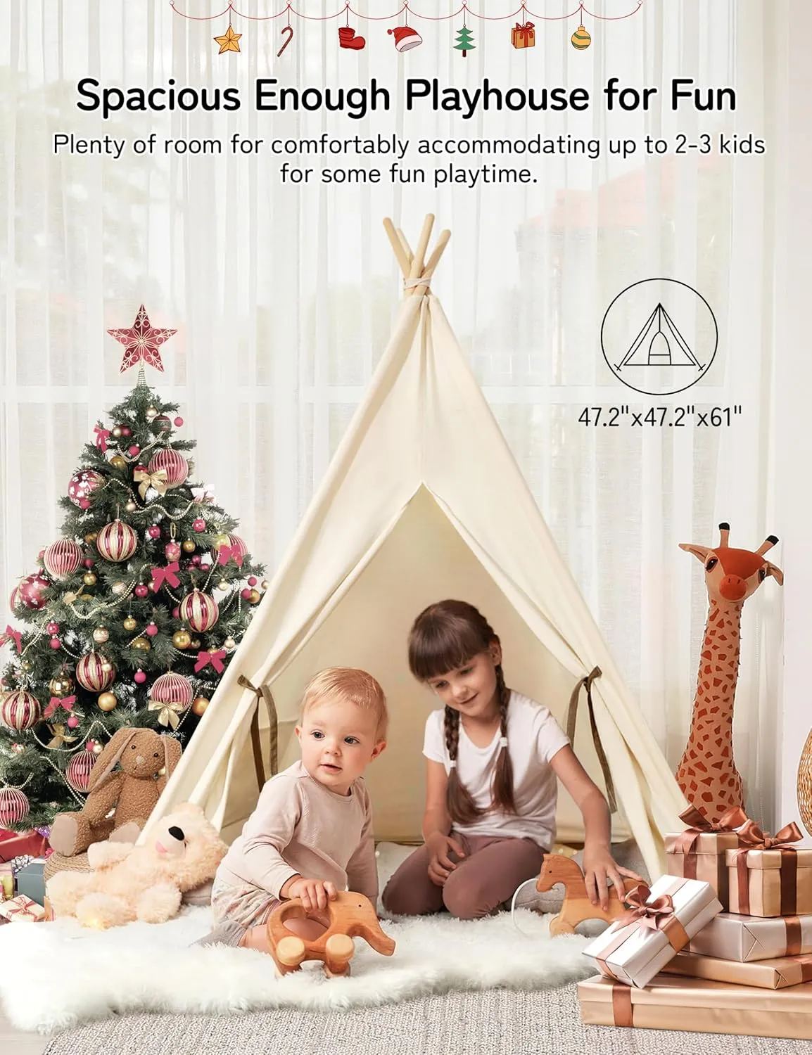 besrey Kids Tent, Teepee Play Tent with Lights and Padded Mat, Portable Cotton Tipi for Indoor Reading and Playtime
