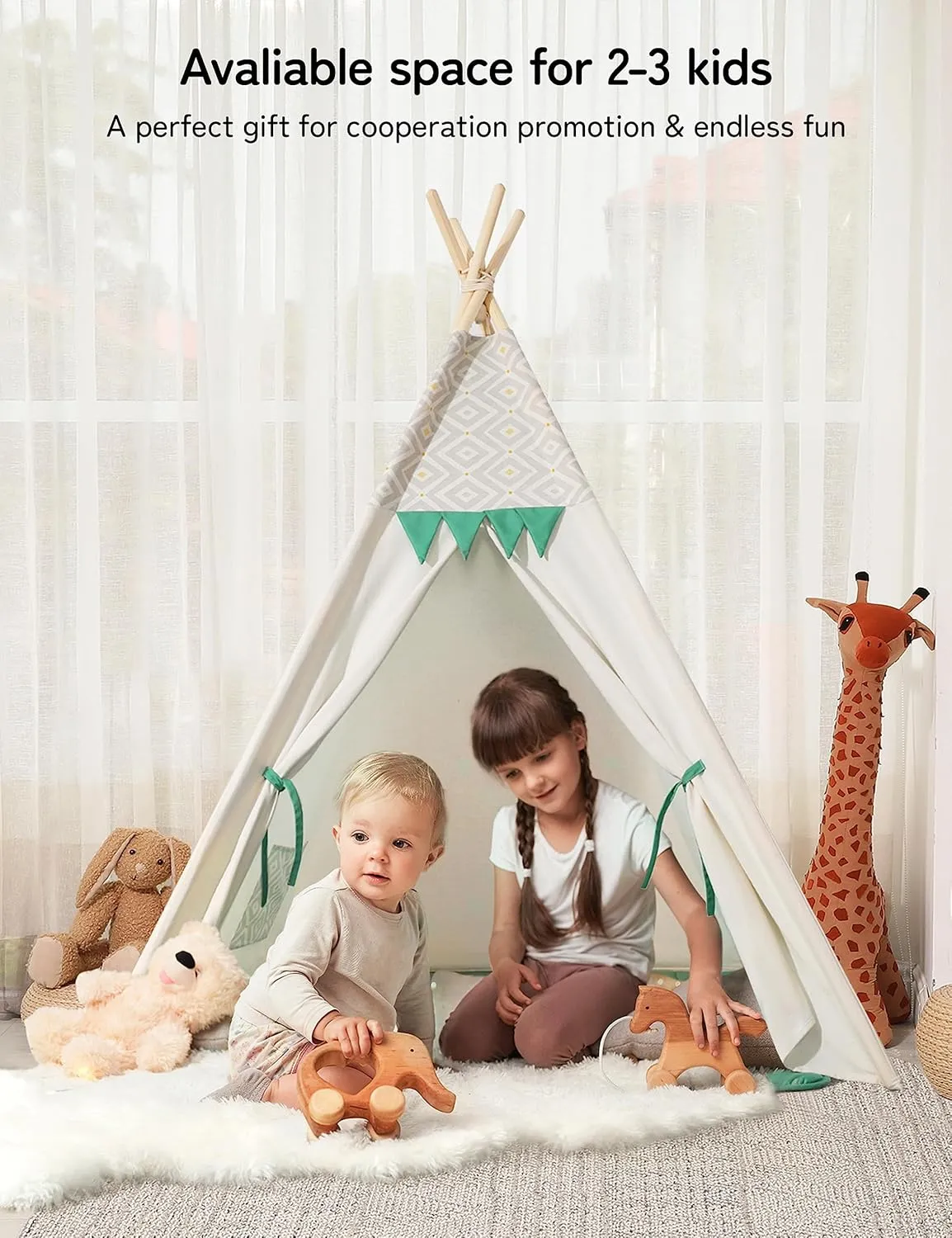 besrey Teepee Tent for Kids with Padded Mat & Light, Kids Tents Indoor Playhouse, Large Tipi Tent, Christmas Play Tent for Toddler Boys Girls, Foldable Portable Toddler Reading Room