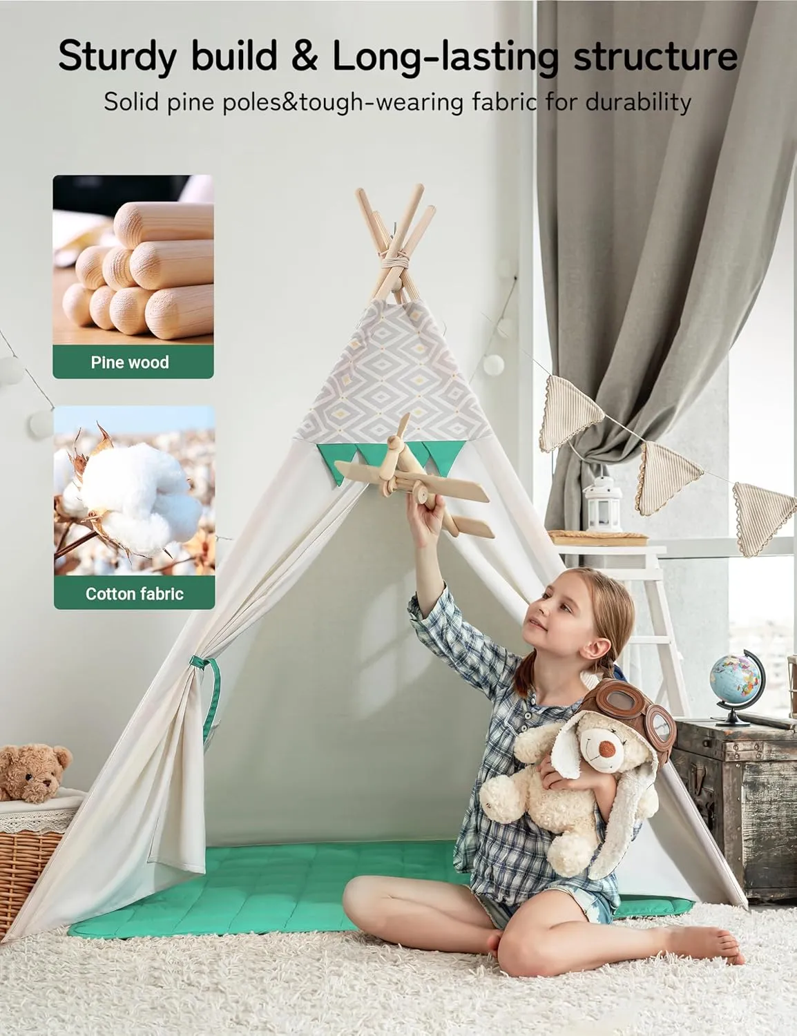 besrey Teepee Tent for Kids with Padded Mat & Light, Kids Tents Indoor Playhouse, Large Tipi Tent, Christmas Play Tent for Toddler Boys Girls, Foldable Portable Toddler Reading Room