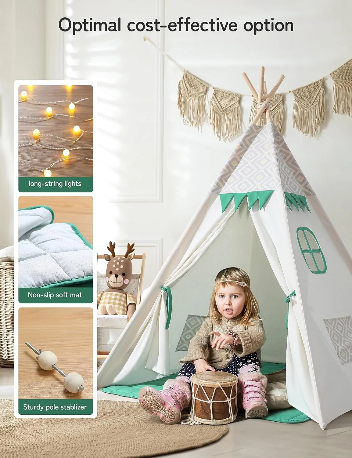 besrey Teepee Tent for Kids with Padded Mat & Light, Kids Tents Indoor Playhouse, Large Tipi Tent, Christmas Play Tent for Toddler Boys Girls, Foldable Portable Toddler Reading Room
