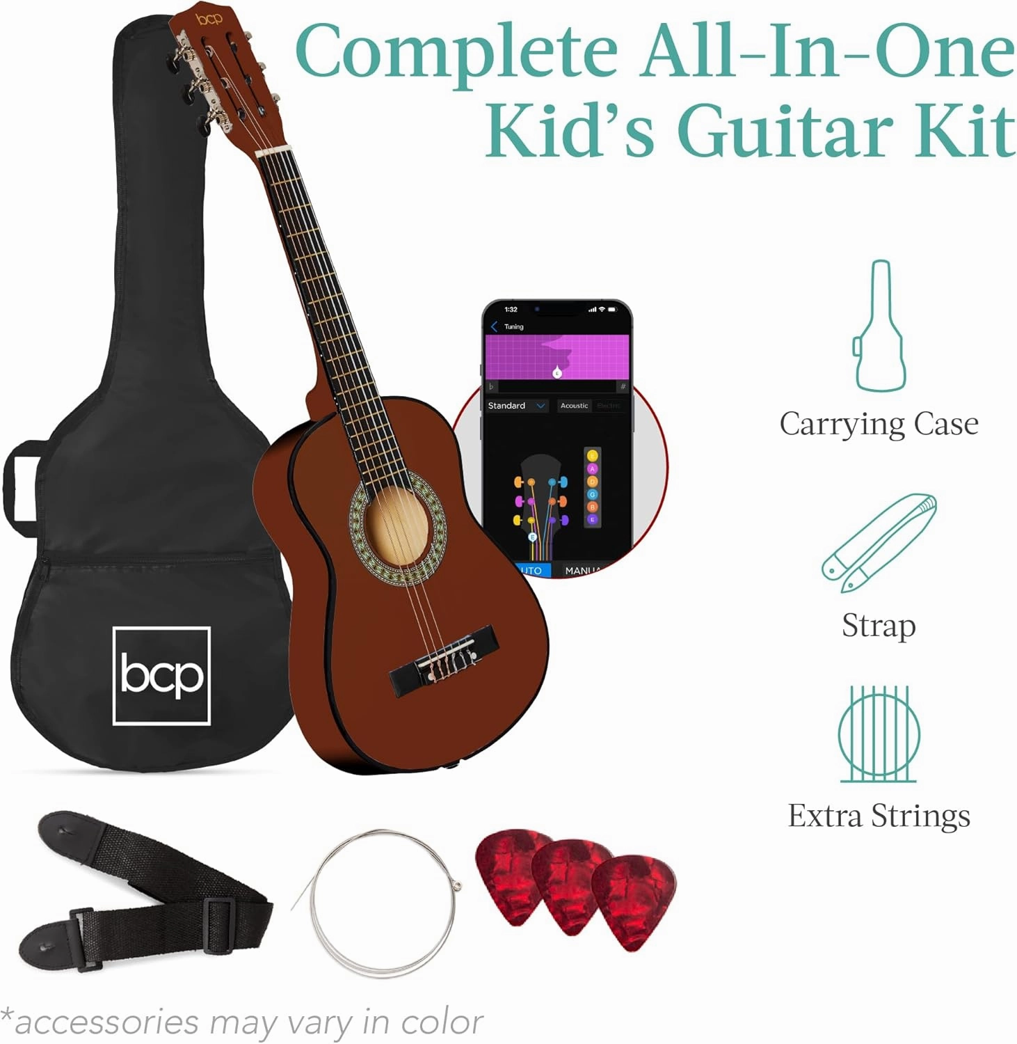 Best Choice Products 30in Kids Acoustic Guitar, All-in-One Beginner Starter Kit w/Strap, Case, Extra Strings, Rosette Inlay - Mahogany Stain