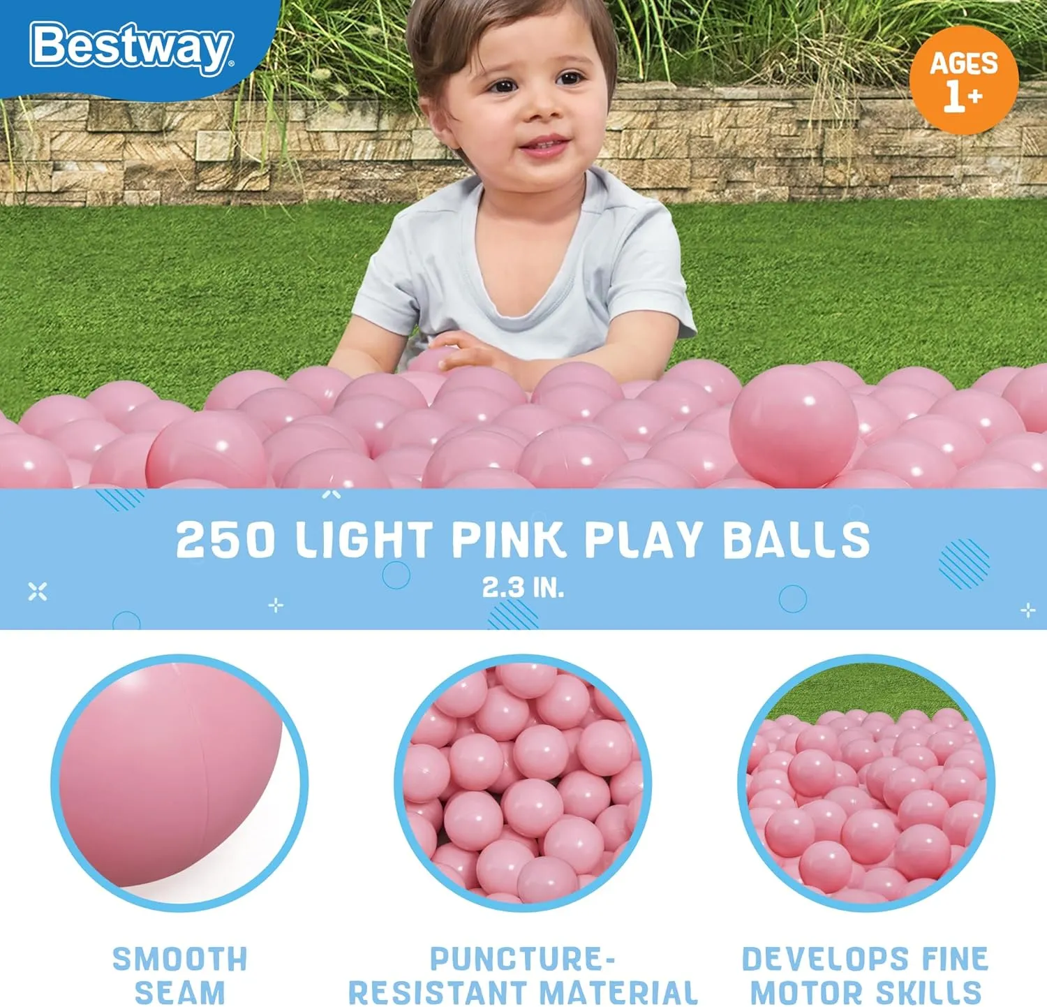 Bestway Plastic Light Pink Play Balls 250ct | Great for Indoor and Outdoor Playpens, Ball Pits, Bouncers, Kiddie Pools