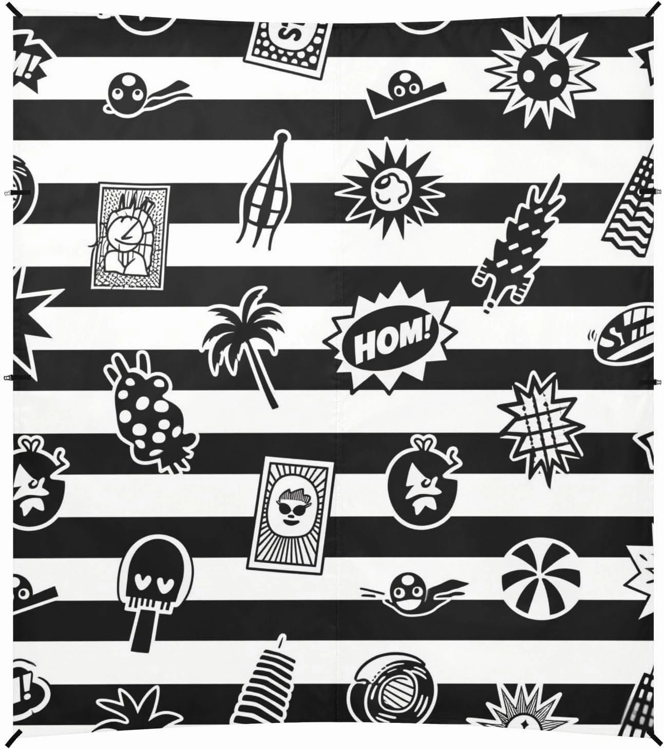 Black White Striped Retro Summer Cool Foldable Beach Tent UPF50  Protection Water-Resistant Sun Shelter with Sand Shovel, Sandbags for Family Travel