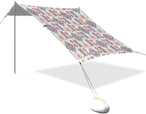 Boho Red and Blue Vintage Texture Designed UPF50  Protection Foldable Beach Cabana Water-Resistant Large Sun Shelter with Sandbags and Shovel for Backyard and Camping carpa para la Playa