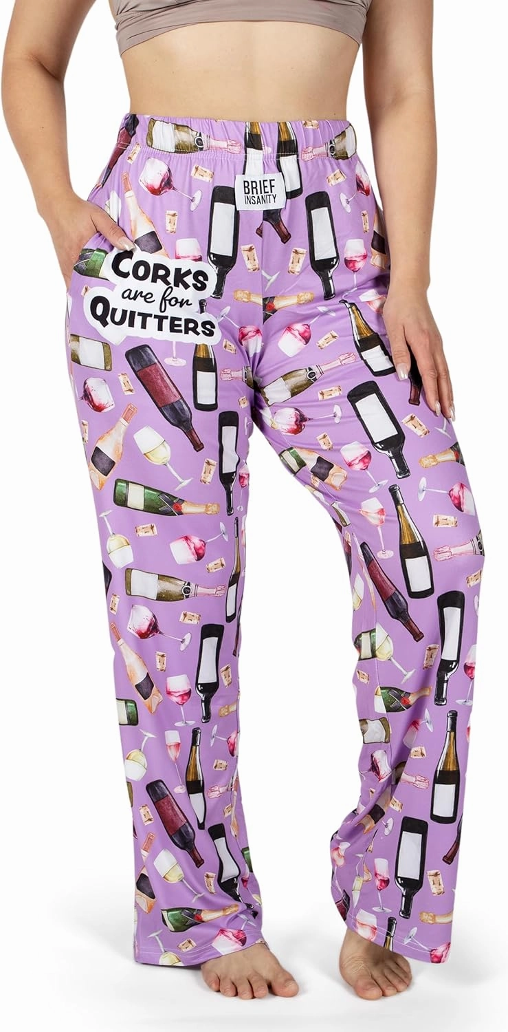 BRIEF INSANITY Pajama Lounge Pants - Wine Themed Silk Comfy PJ Bottoms - Unisex