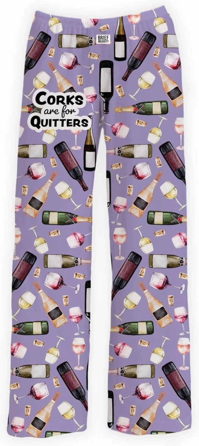 BRIEF INSANITY Pajama Lounge Pants - Wine Themed Silk Comfy PJ Bottoms - Unisex