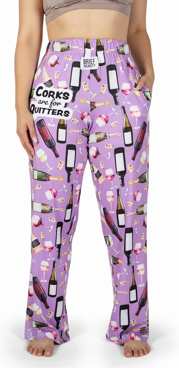 BRIEF INSANITY Pajama Lounge Pants - Wine Themed Silk Comfy PJ Bottoms - Unisex