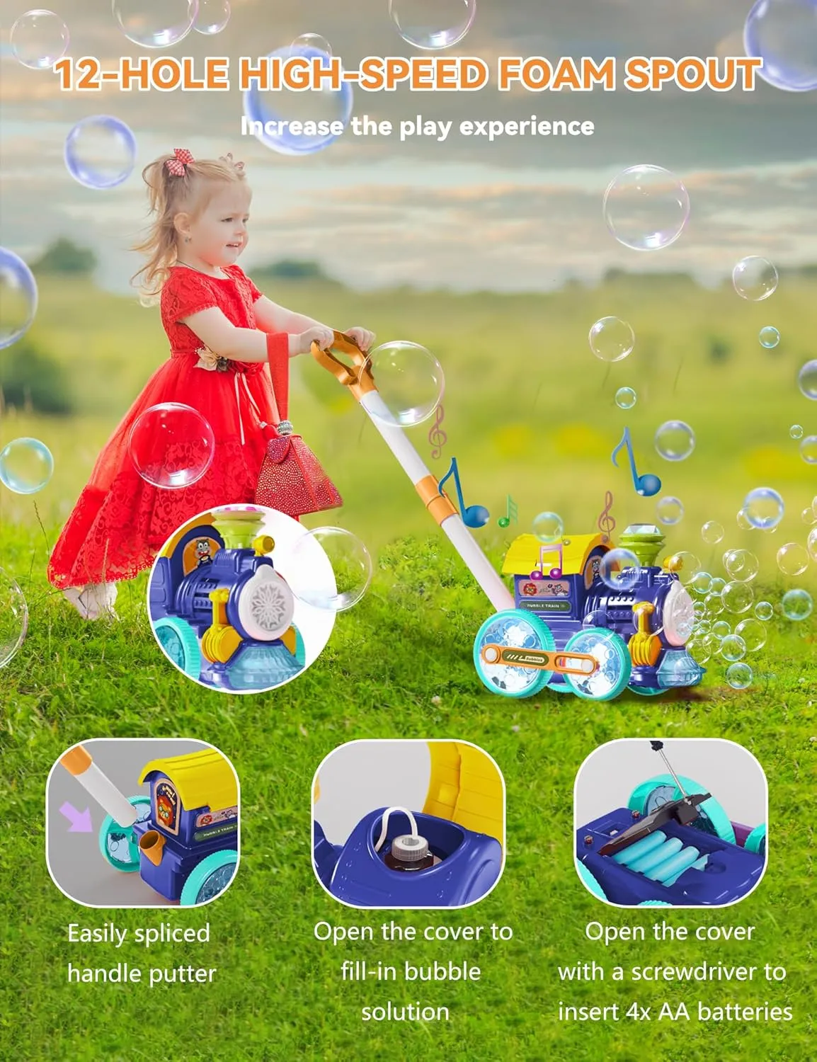 Bubble Machine,Bubble Blower Maker,Bubble Lawn Mower for Toddlers,Bubble Music Train with Light,Summer Outdoor Push Backyard Toys for 1-8 Ages,Christmas Birthday Gifts for Preschool Boys Girls (Blue)