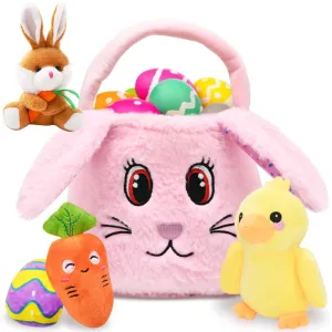CAMIRUS Fluffy Easter Bunny Basket Set, Easter Basket Playset with Stuffed Plush Bunny Duck Egg Carrot for Baby Kids Easter Party Decorations Supplies Easter Basket Fillers