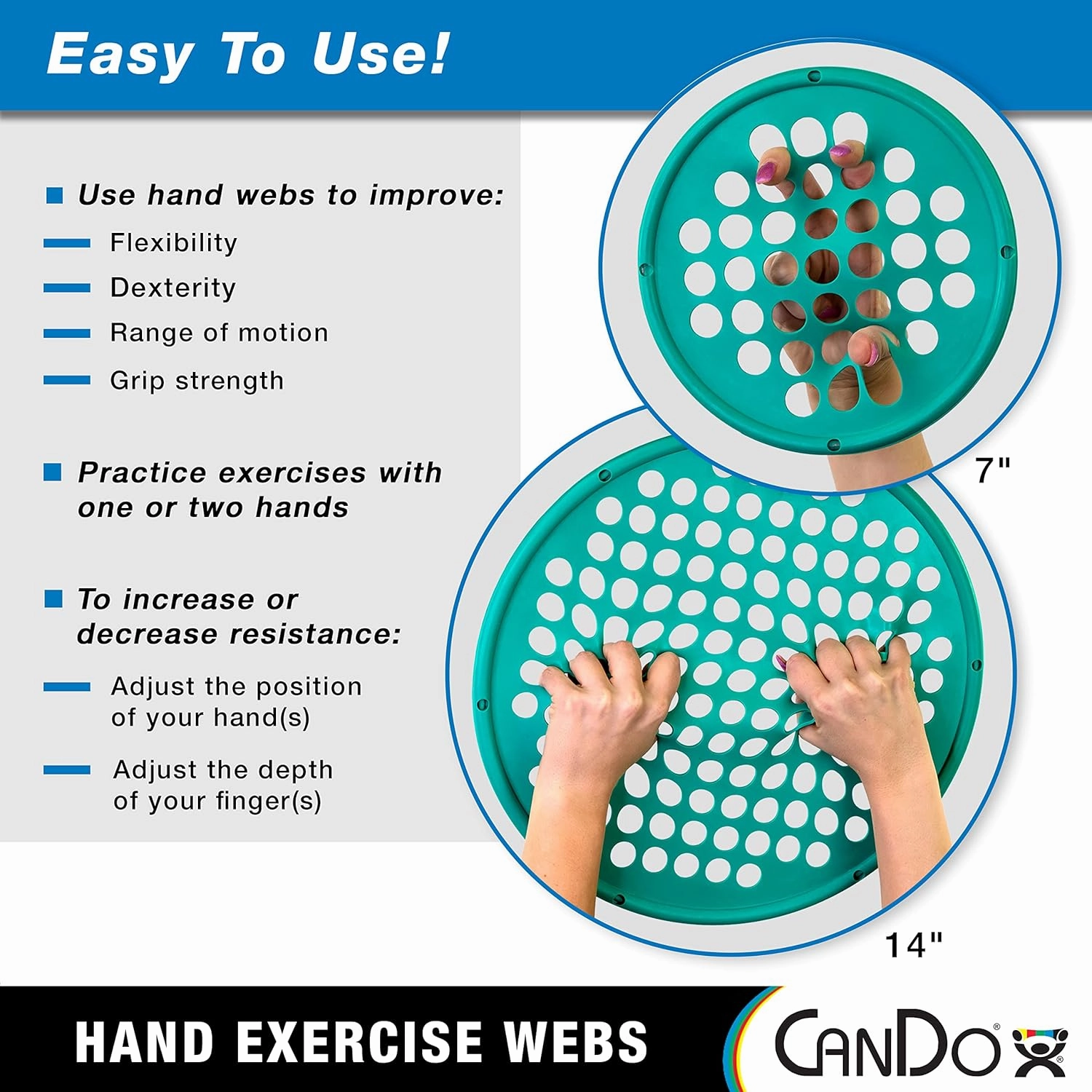 CanDo Web Hand Therapy Device, Latex, 7" Diameter, Set (Tan, Yellow, Red, Green, Blue, Black)