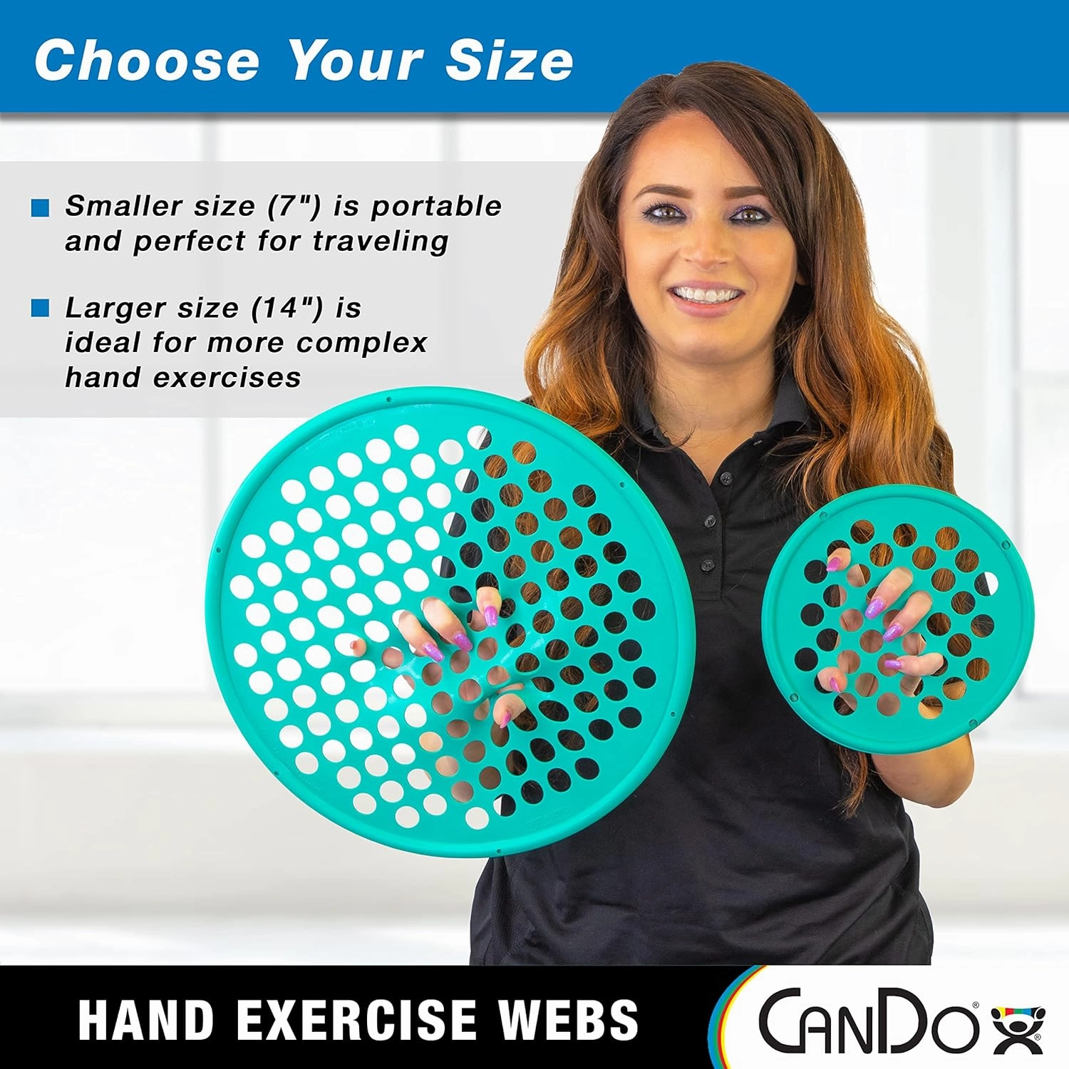 CanDo Web Hand Therapy Device, Latex, 7" Diameter, Set (Tan, Yellow, Red, Green, Blue, Black)