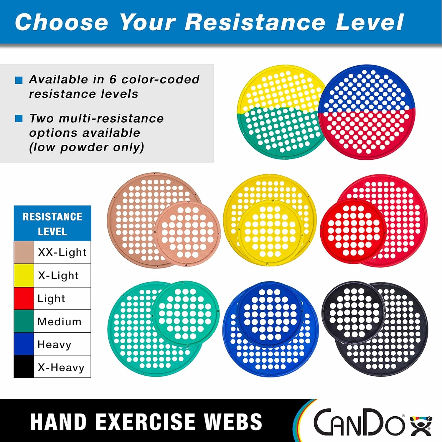 CanDo Web Hand Therapy Device, Latex, 7" Diameter, Set (Tan, Yellow, Red, Green, Blue, Black)