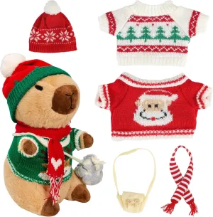 Capybara Plush with 10 Pcs Capybara Costume Christmas Style Dress Up,Christmas Plush, Christmas Set Capybara Backpack Decoratio, Capybara Stuffed Animal Birthday Gifts for Boys and Girls (Holiday-B)