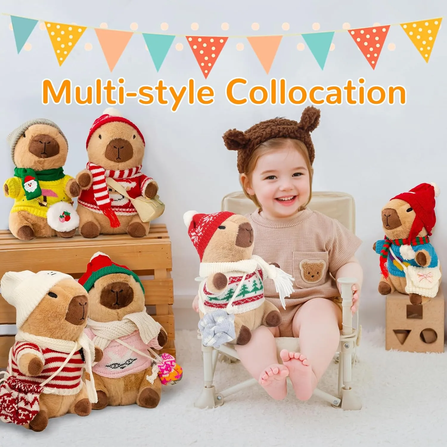 Capybara Plush with 10 Pcs Capybara Costume Christmas Style Dress Up,Christmas Plush, Christmas Set Capybara Backpack Decoratio, Capybara Stuffed Animal Birthday Gifts for Boys and Girls (Holiday-B)