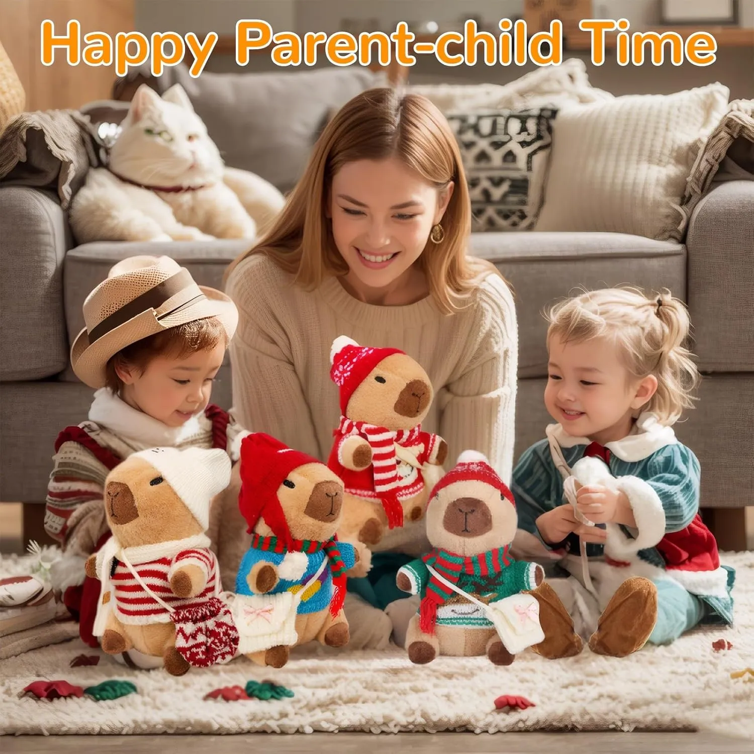 Capybara Plush with 10 Pcs Capybara Costume, Fall & Winter Style Dress Up, Christmas Plush, Stuffed Animal Birthday Gifts for Boys & Girls (Daily-B)