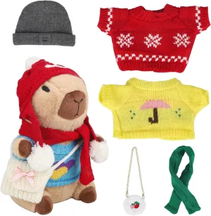 Capybara Plush with 10 Pcs Capybara Costume, Fall & Winter Style Dress Up, Christmas Plush, Stuffed Animal Birthday Gifts for Boys & Girls (Daily-B)