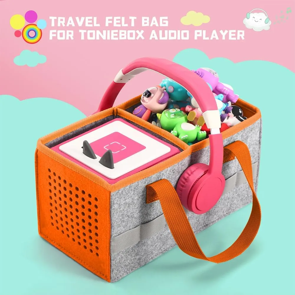 Carrying Case for Toniebox Starter Set and Tonies Figurines, Travel Felt Cloth Musical Toy Folding Bag for Toniebox Accessories (Orange)