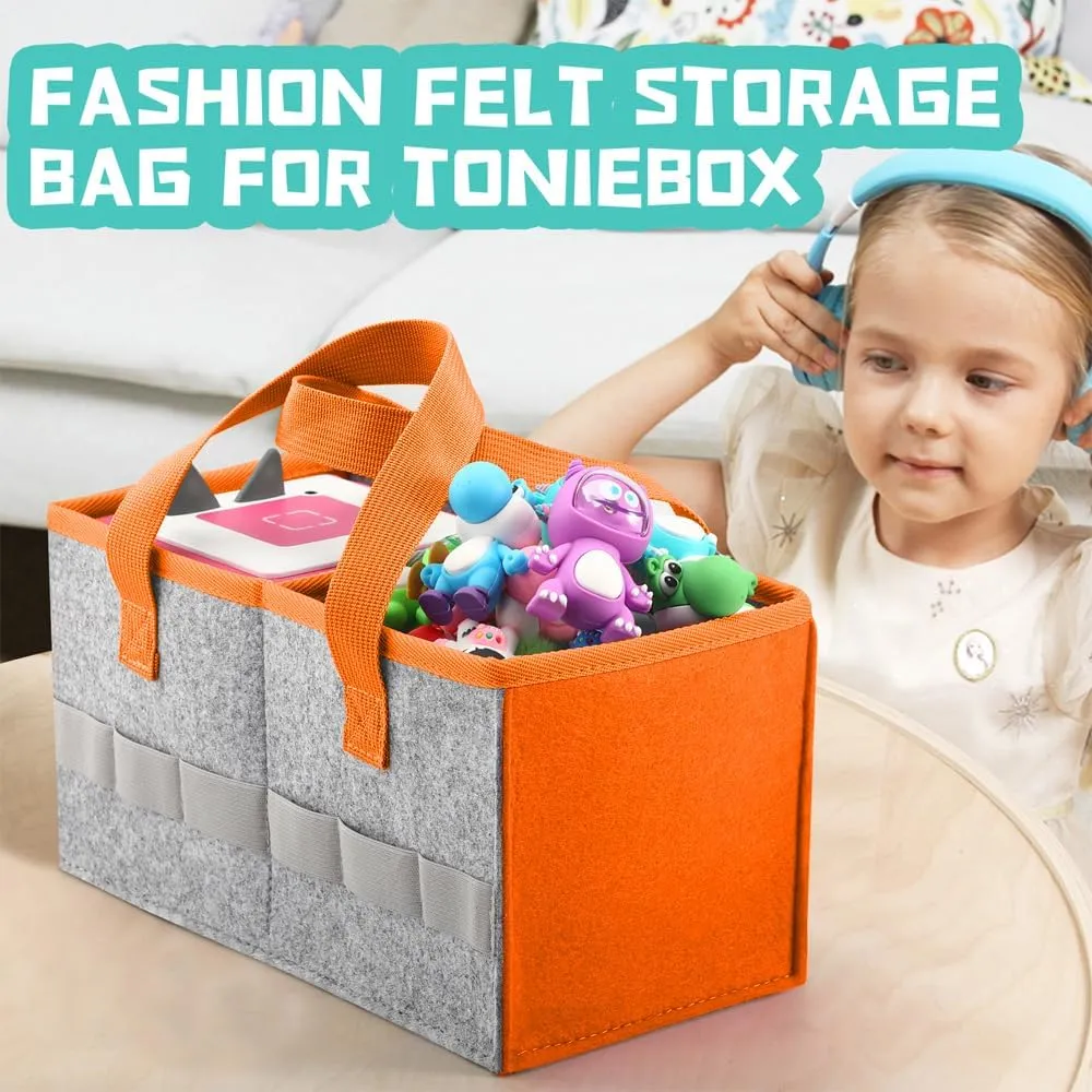 Carrying Case for Toniebox Starter Set and Tonies Figurines, Travel Felt Cloth Musical Toy Folding Bag for Toniebox Accessories (Orange)