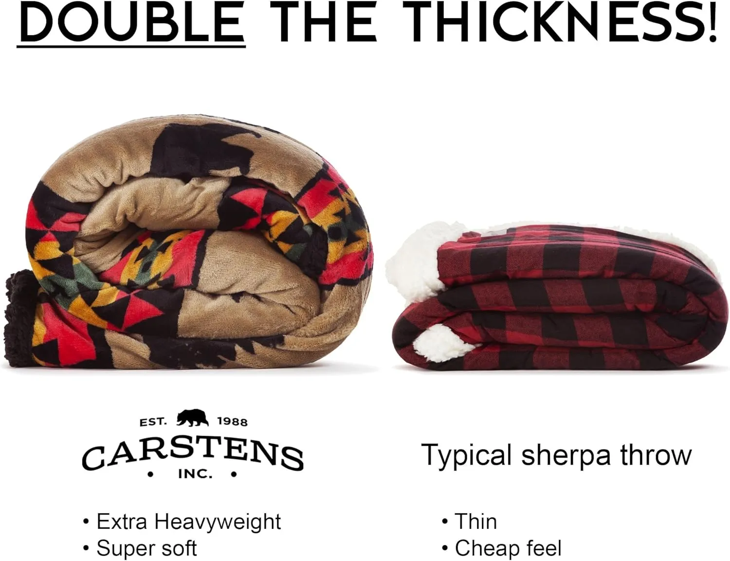 CARSTENS, INC. Ultra Premium Super Soft Plush Sherpa Fleece Oversized Throw Blanket 54" x 68", Bear Trails Black