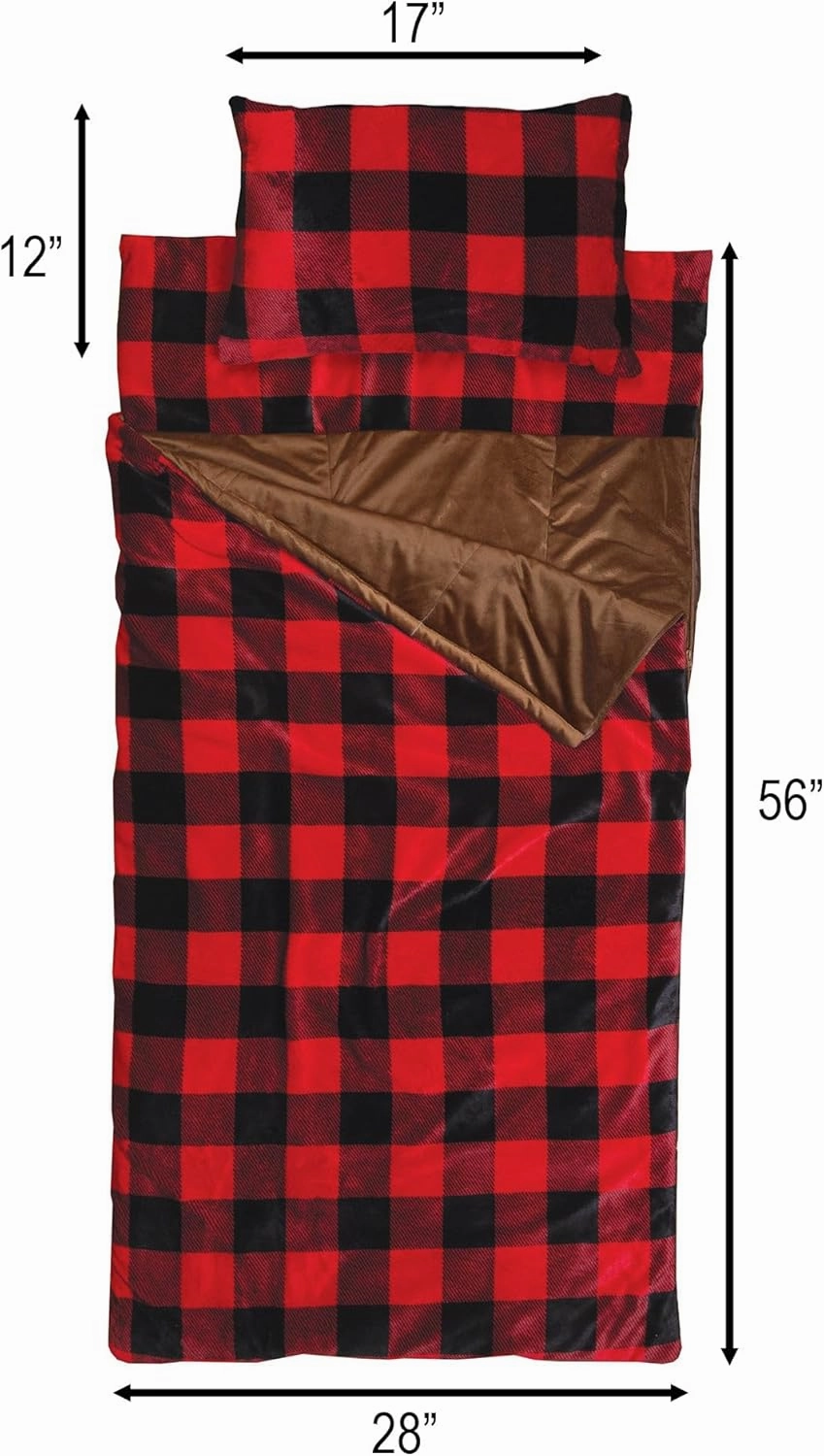 Carstens, Inc. Kids Slumber Bag Sleeping Bag/Nap Mat with Pillow for Boys & Girls, Red Buffalo Plaid