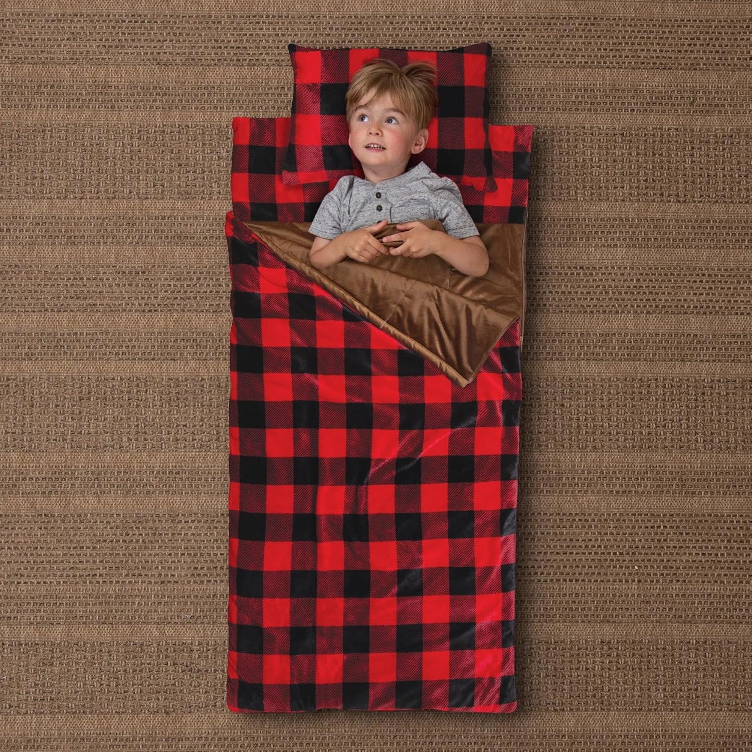 Carstens, Inc. Kids Slumber Bag Sleeping Bag/Nap Mat with Pillow for Boys & Girls, Red Buffalo Plaid