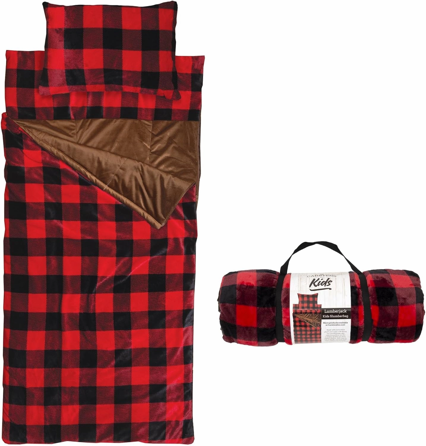 Carstens, Inc. Kids Slumber Bag Sleeping Bag/Nap Mat with Pillow for Boys & Girls, Red Buffalo Plaid