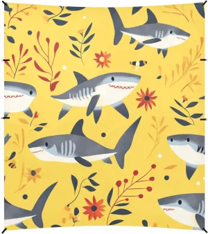 Cartoon Sweet Shark Yellow Foldable Beach Canopy UPF50 Lightweight Outdoor Sun Shade Includes Sand Shovel, Sandbags, Stability Poles for Camping, Fishing, Backyard Fun