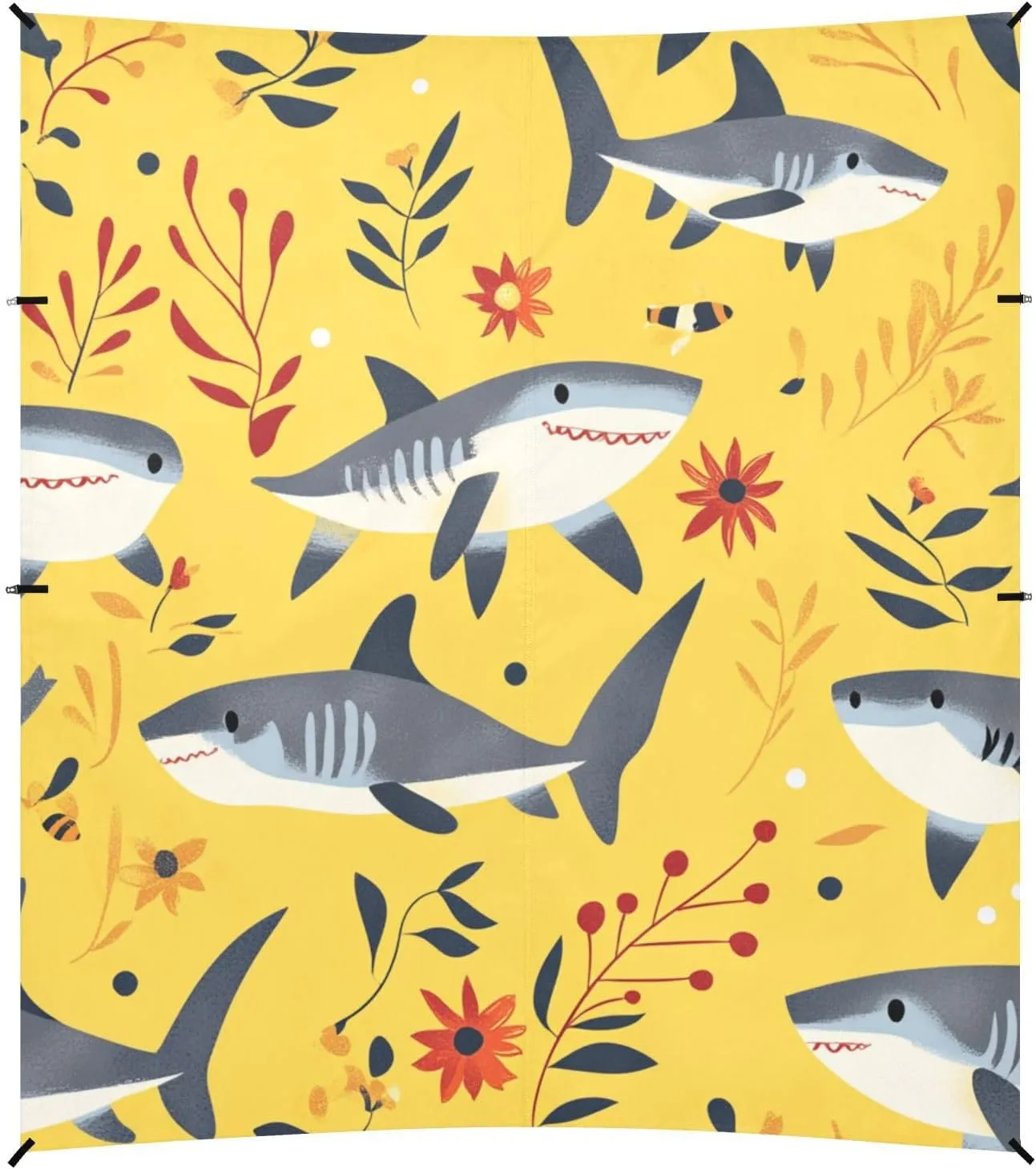 Cartoon Sweet Shark Yellow Foldable Beach Canopy UPF50 Lightweight Outdoor Sun Shade Includes Sand Shovel, Sandbags, Stability Poles for Camping, Fishing, Backyard Fun