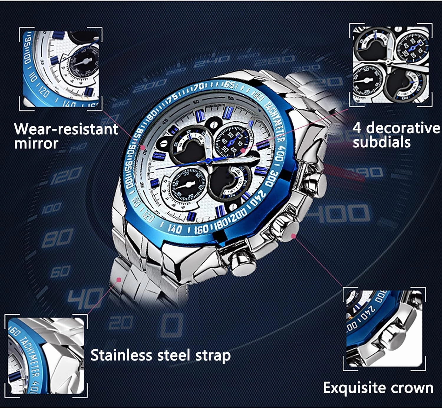 Casual Mens Watches Chronograph Fashion Sport Mens Wristwatches with Stainless Steel 30m Waterproof Scratch Resistant Mens Watch B