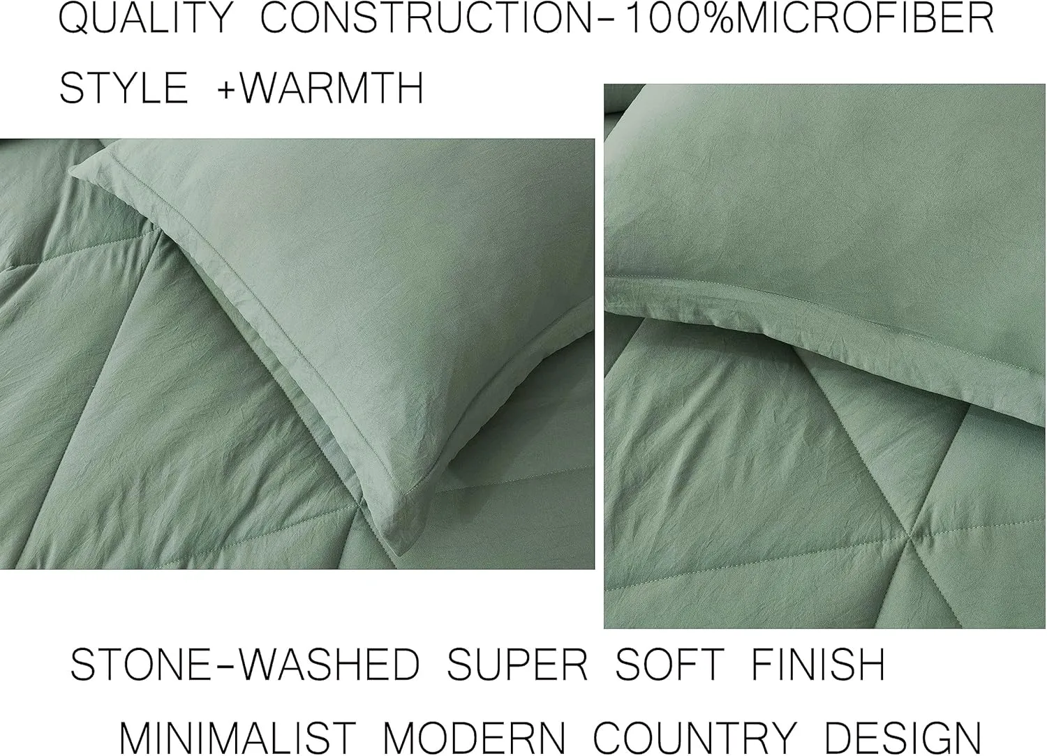 Chezmoi Collection Rory Sage Green Comforter Set Full Size 3-Piece Fluffy Soft Lightweight Bedding Triangle Quilted Stone-Washed Microfiber Comforter Set for All Season