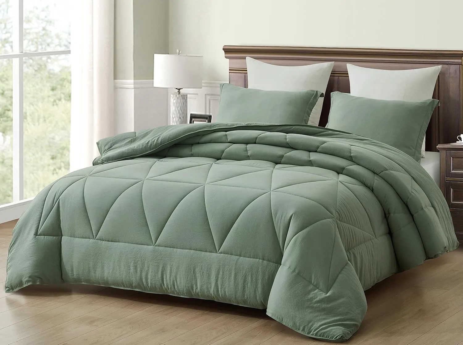Chezmoi Collection Rory Sage Green Comforter Set Full Size 3-Piece Fluffy Soft Lightweight Bedding Triangle Quilted Stone-Washed Microfiber Comforter Set for All Season
