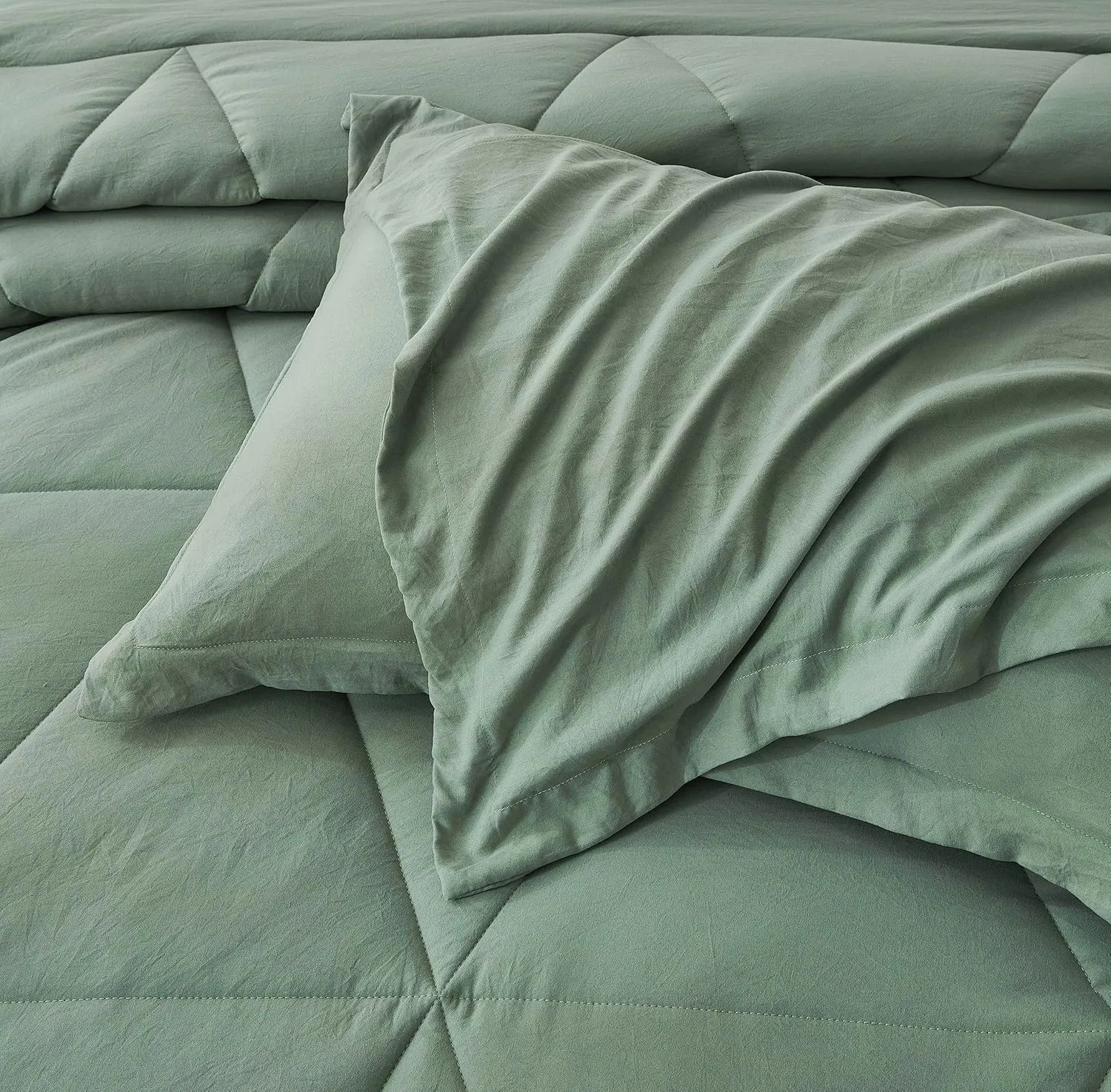 Chezmoi Collection Rory Sage Green Comforter Set Full Size 3-Piece Fluffy Soft Lightweight Bedding Triangle Quilted Stone-Washed Microfiber Comforter Set for All Season