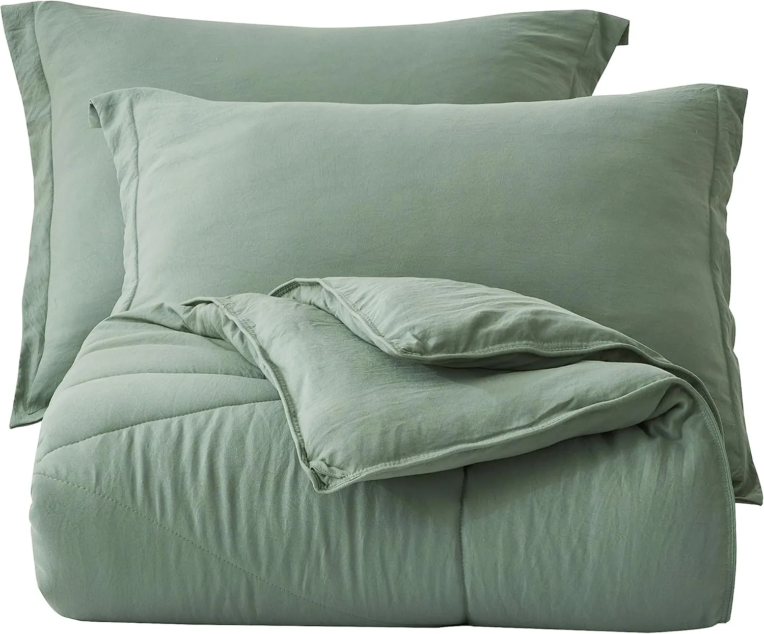 Chezmoi Collection Rory Sage Green Comforter Set Full Size 3-Piece Fluffy Soft Lightweight Bedding Triangle Quilted Stone-Washed Microfiber Comforter Set for All Season