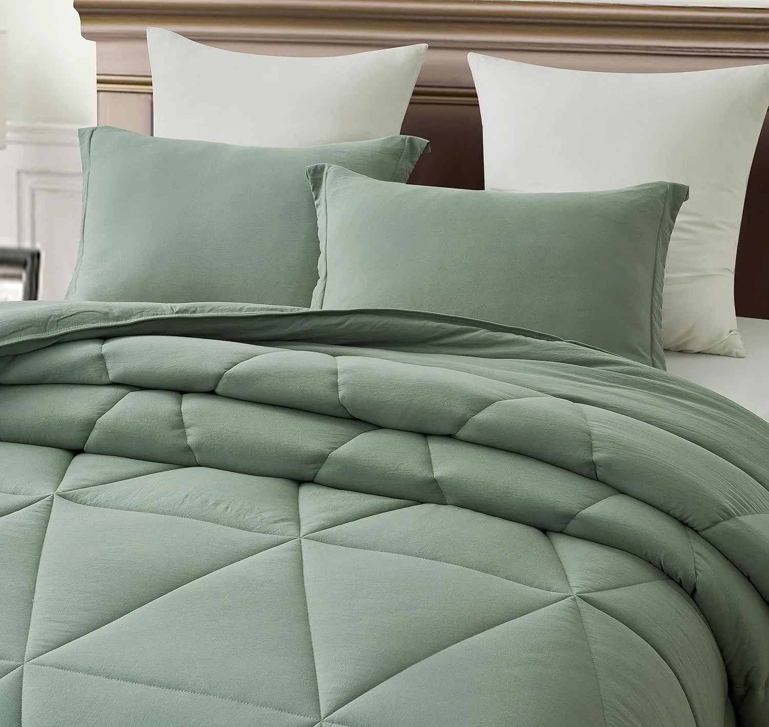 Chezmoi Collection Rory Sage Green Comforter Set Full Size 3-Piece Fluffy Soft Lightweight Bedding Triangle Quilted Stone-Washed Microfiber Comforter Set for All Season