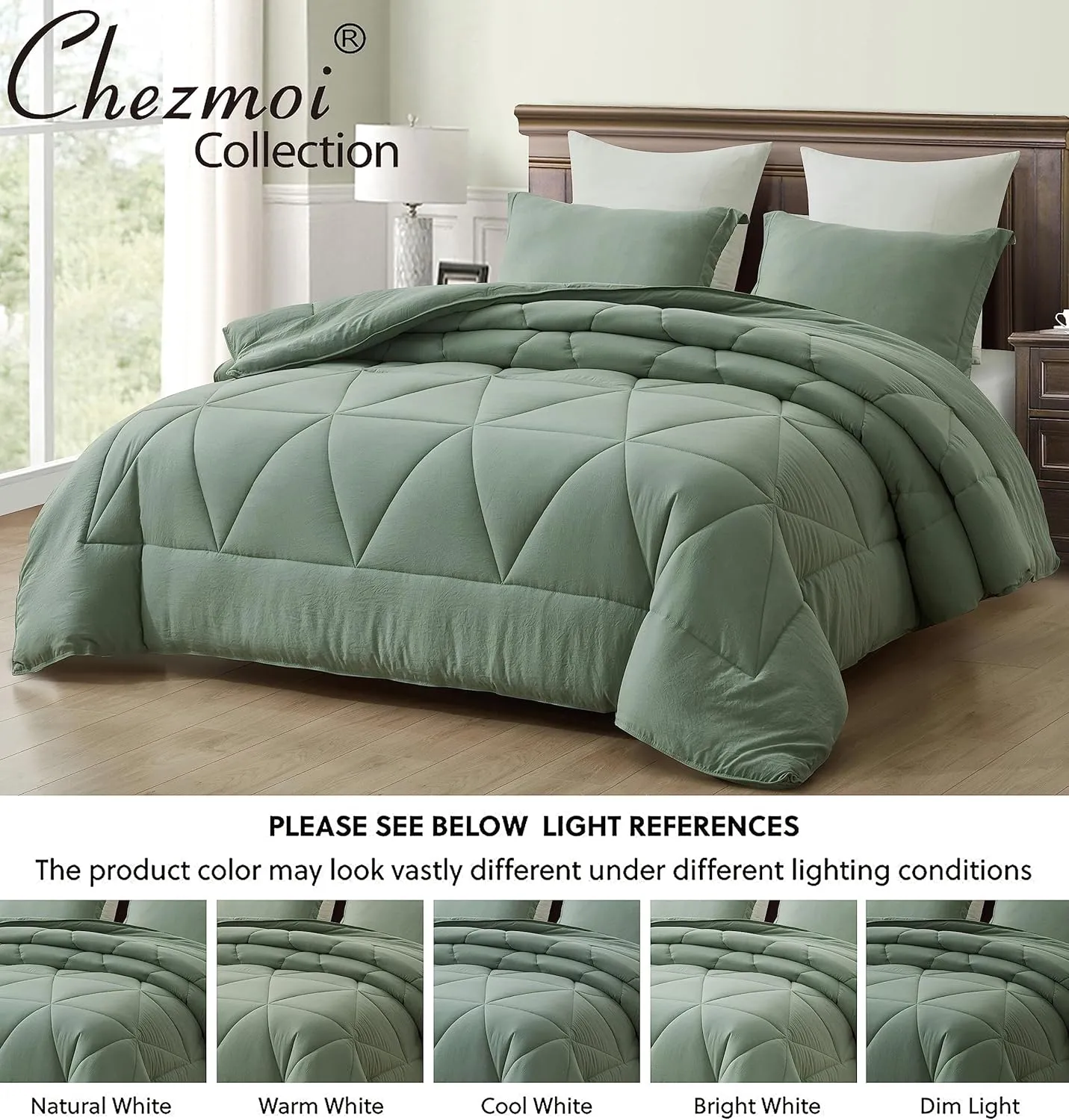 Chezmoi Collection Rory Sage Green Comforter Set Full Size 3-Piece Fluffy Soft Lightweight Bedding Triangle Quilted Stone-Washed Microfiber Comforter Set for All Season