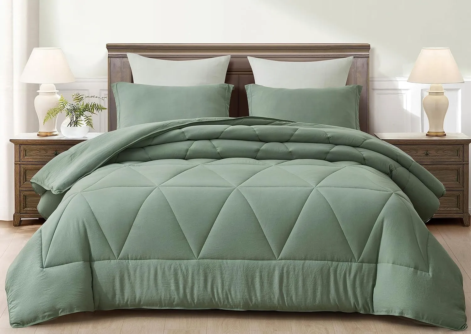 Chezmoi Collection Rory Sage Green Comforter Set Full Size 3-Piece Fluffy Soft Lightweight Bedding Triangle Quilted Stone-Washed Microfiber Comforter Set for All Season