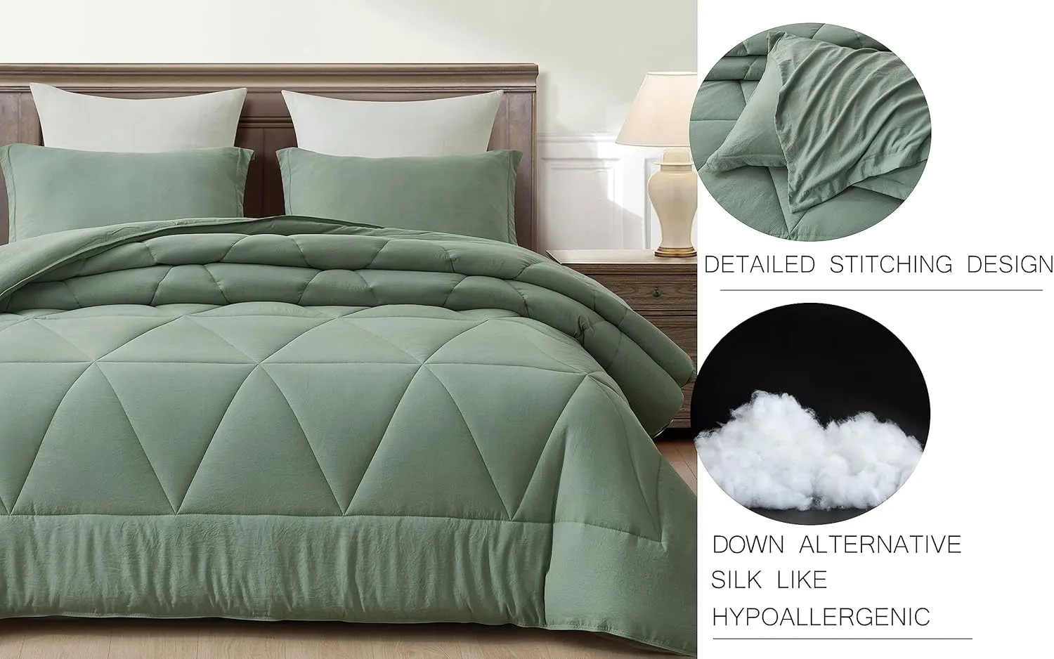 Chezmoi Collection Rory Sage Green Comforter Set Full Size 3-Piece Fluffy Soft Lightweight Bedding Triangle Quilted Stone-Washed Microfiber Comforter Set for All Season