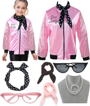 Child Pink Lady Jacket 50s Costume for Girls with Glasses,Scarf,Earrings,Necklace Outifit Accessories Set