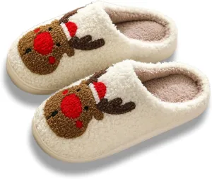 Christmas Slippers Memory Foam for Women Men, Cozy Plush Warm Non-Slip Holiday Slides with Santa Reindeer Designs Indoor Outdoor