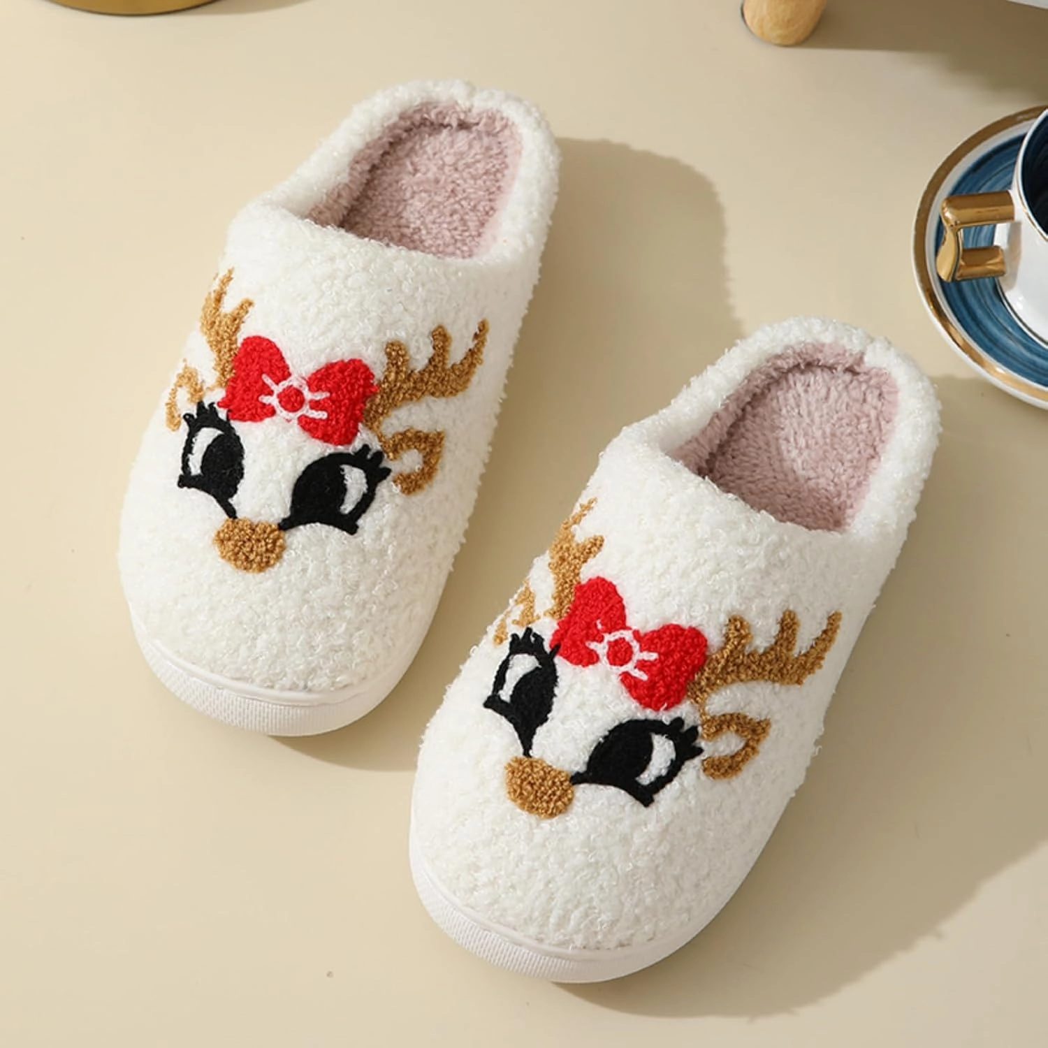 Christmas Slippers Memory Foam for Women Men, Cozy Plush Warm Non-Slip Holiday Slides with Santa Reindeer Designs Indoor Outdoor