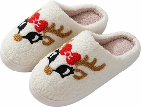 Christmas Slippers Memory Foam for Women Men, Cozy Plush Warm Non-Slip Holiday Slides with Santa Reindeer Designs Indoor Outdoor