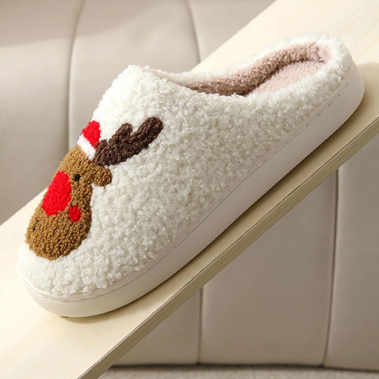 Christmas Slippers Memory Foam for Women Men, Cozy Plush Warm Non-Slip Holiday Slides with Santa Reindeer Designs Indoor Outdoor