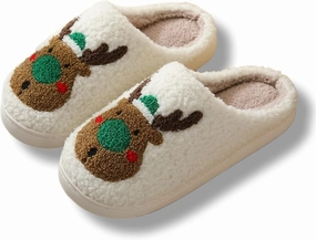 Christmas Slippers Memory Foam for Women Men, Cozy Plush Warm Non-Slip Holiday Slides with Santa Reindeer Designs Indoor Outdoor
