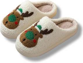 Christmas Slippers Memory Foam for Women Men, Cozy Plush Warm Non-Slip Holiday Slides with Santa Reindeer Designs Indoor Outdoor