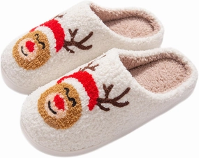 Christmas Slippers Memory Foam for Women Men, Cozy Plush Warm Non-Slip Holiday Slides with Santa Reindeer Designs Indoor Outdoor