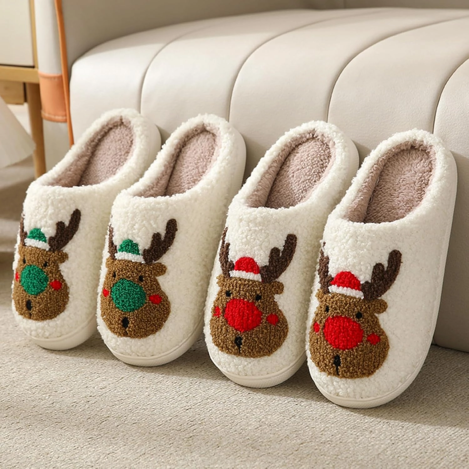 Christmas Slippers Memory Foam for Women Men, Cozy Plush Warm Non-Slip Holiday Slides with Santa Reindeer Designs Indoor Outdoor
