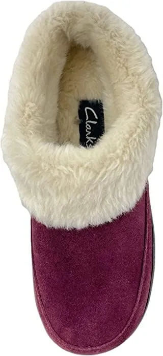 Clarks Scuff Burgundy Fur Lined Clog Warm Cozy Indoor Outdoor Plush Mules