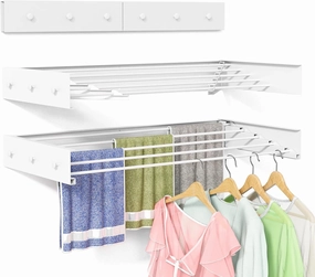Clothes Drying Rack Wall Mounted for Laundry, Drying Rack Clothing Wall Mounted, 5 Aluminum Rods with 6 Hooks, Space-Saving Collapsible Wall Drying Rack for Indoor Outdoor (White, 31.5'')
