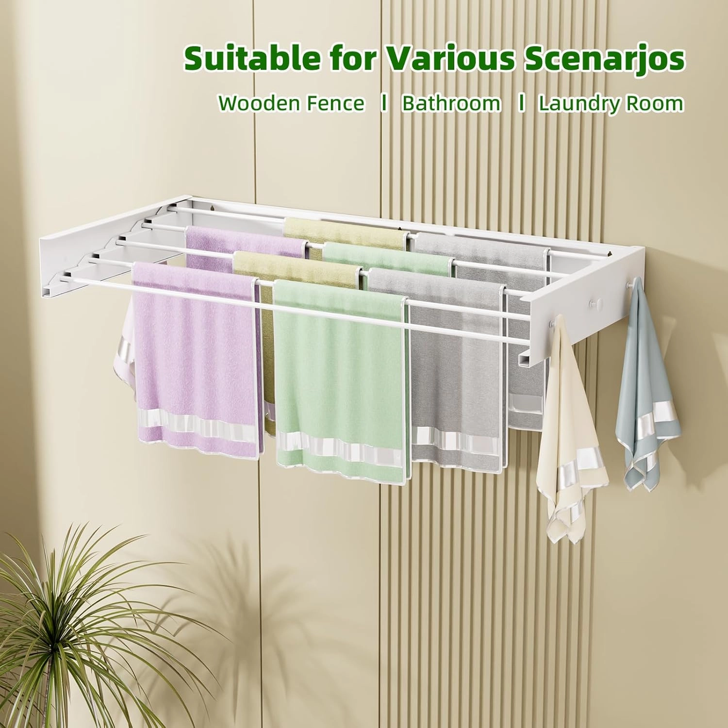 Clothes Drying Rack Wall Mounted for Laundry, Drying Rack Clothing Wall Mounted, 5 Aluminum Rods with 6 Hooks, Space-Saving Collapsible Wall Drying Rack for Indoor Outdoor (White, 31.5'')
